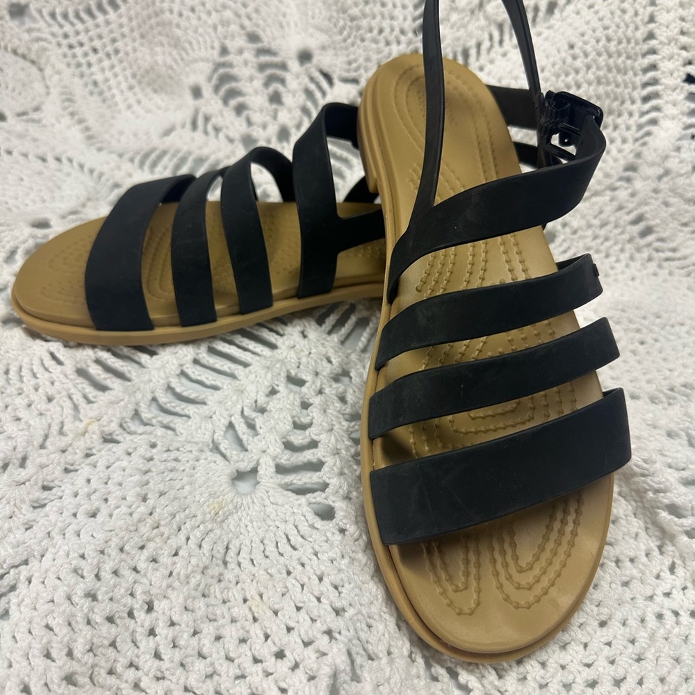 CROCS Black and Tan Strappy Sandals - Picture 4 of 5